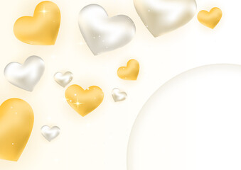 Happy Valentine's Day banner. Holiday background design with big heart made of white and gold Origami Hearts on black fabric background. Horizontal poster, flyer, greeting card, header for website
