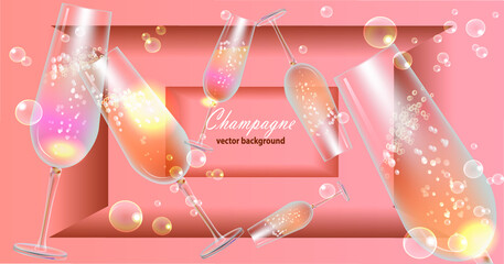 Vector pink background with champagne and bubbles