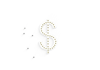 Dollar symbol on a white background. There is a pattern of golden balls on the figure. Composition on the topic of investments, money, bank, analysis, loan, deposit. 3d rendering, white background.