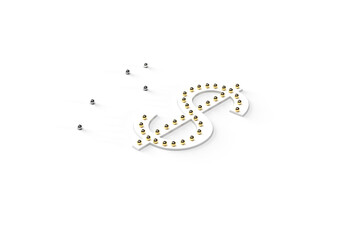 Dollar symbol on a white background. There is a pattern of golden balls on the figure. Composition on the topic of investments, money, bank, analysis, loan, deposit. 3d rendering, white background.