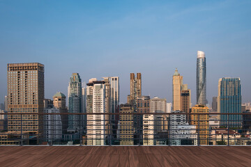 Panoramic Bangkok skyline view, wooden observatory deck on rooftop, sunset. Luxury Asian corporate and residential lifestyle. Financial city downtown, real estate. Product display mockup empty roof