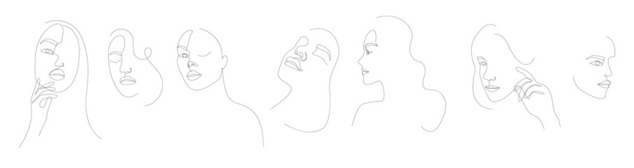 Set of Modern minimalistic linear abstract faces. Contemporary female faces, hands, posture in simple one line style. Hand drawn outline trendy vector illustration. Continuous line.