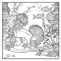 Cartoon underwater world with corals, tall sponges, starfish and anemones outlined for coloring isolated on white background