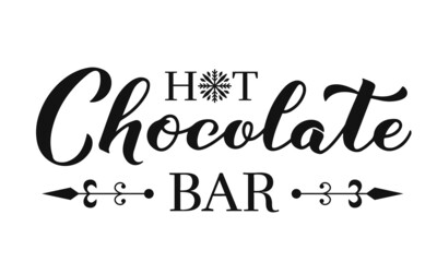 Hot chocolate bar lettering isolated on white. Winter holidays party sign. Vector template for typography poster, banner, etc.