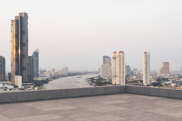 Panoramic Bangkok skyline view, concrete observatory deck on rooftop, daytime. Luxury Asian corporate and residential lifestyle. Financial city downtown, real estate. Product display mockup empty roof