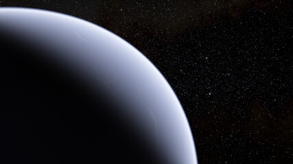 Planets of deep space in light of red and blue stars. Science fiction 3d illustration