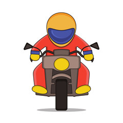 cartoon illustration of a biker on a motorcycle wearing a helmet and racing suit. Vector isolated on white background
