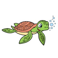 Cute cartoon sea turtle outlined for coloring page isolated on white background