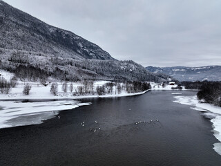 Winter landscape from Norway, Hallingdal. Cold and snow. Shot with a drone high up in the sky. DJI mavic 3.