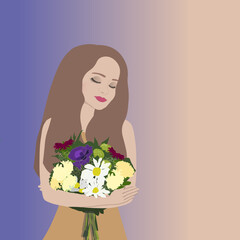 Girl with bouquet of flowers in dress flat style