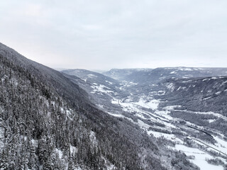 Winter landscape from Norway, Hallingdal. Cold and snow. Shot with a drone high up in the sky. DJI mavic 3.