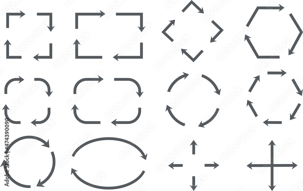 Aufkleber arrows icons set in a circle. collection of black cursors. pointer down, up, left to right. simple s