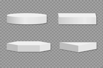 Realistic white catwalk steps.
Product presentation stands. Templates
 geometric shape. Presentation of products on a pedestal. Museum scene.
Vector illustration.