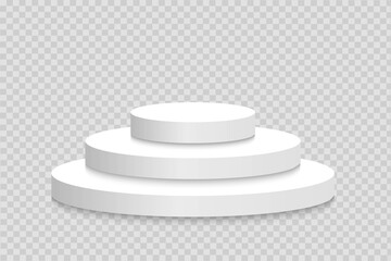 Three-story, white, realistic catwalk steps.
Product presentation stands. Templates
 geometric shape. Presentation of products on a pedestal. Museum scene.
Vector illustration.