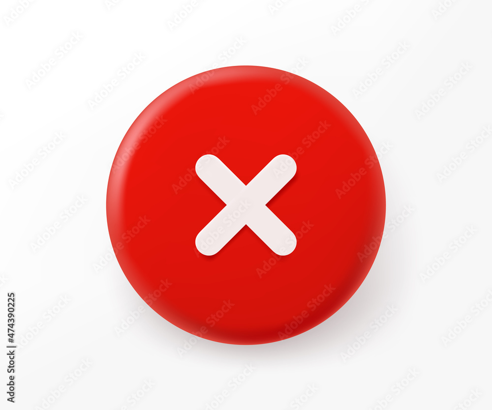 Poster Red button with crossmark. 3d style vector illustration