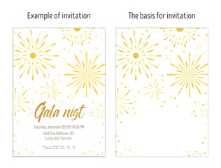 Fireworks, fireworks, golden sparks watercolor background invitation layout. Holiday, party, fun theme. Perfect for New Year, Wedding, Bachelorette Party, Anniversary, Birthday.