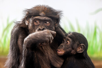 close up portrait of a bonobo mother (Pan paniscus) with child at habitat