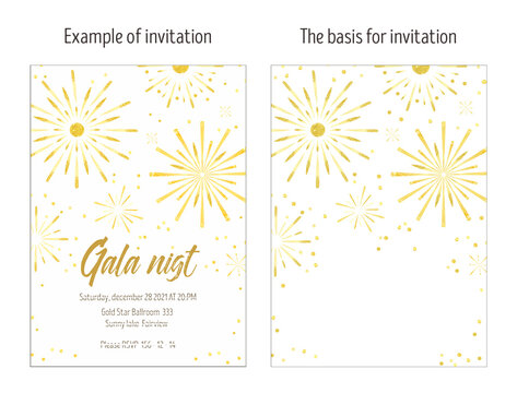 Fireworks, fireworks, golden sparks watercolor background invitation layout. Holiday, party, fun theme. Perfect for New Year, Wedding, Bachelorette Party, Anniversary, Birthday. - Powered by Adobe