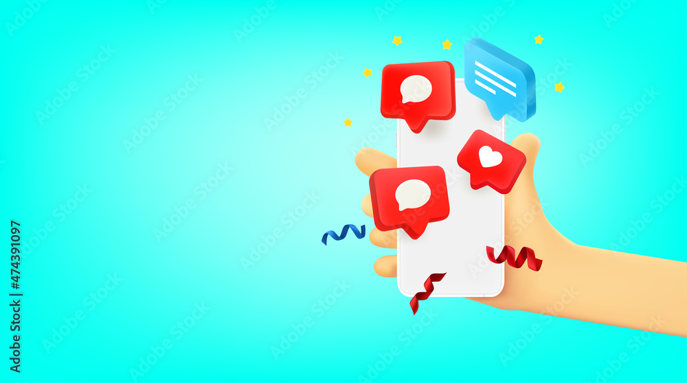 Poster man receiving massages via smart phone. 3d vector banner with copy space