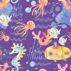 Fototapeta premium Seamless pattern. Watercolor with marine life. Cartoon exotic fish, submarine, jellyfish, seaweed, anchor