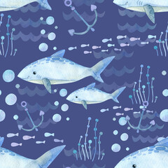 Seamless pattern. Watercolor with marine life. Cartoon exotic fish, shark, seaweed, anchor