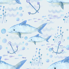 Seamless pattern. Watercolor with marine life. Cartoon exotic fish, shark, seaweed, anchor