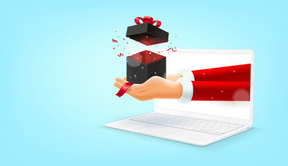 Santa Claus giving an open gift box. Christmas internet delivery via smart phone concept. 3d vector banner with copy space
