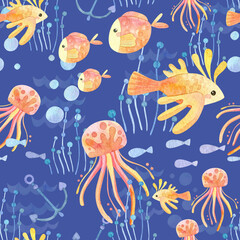 Seamless pattern. Watercolor with marine life. Cartoon exotic fish, stars, seaweed, anchor