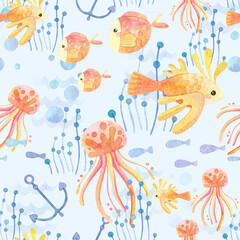 Seamless pattern. Watercolor with marine life. Cartoon exotic fish, stars, seaweed, anchor