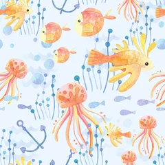 Fototapete Meeresleben Nahtloses Muster. Aquarell mit Meereslebewesen. Exotischer Fisch der Karikatur, Sterne, Algen, Anker