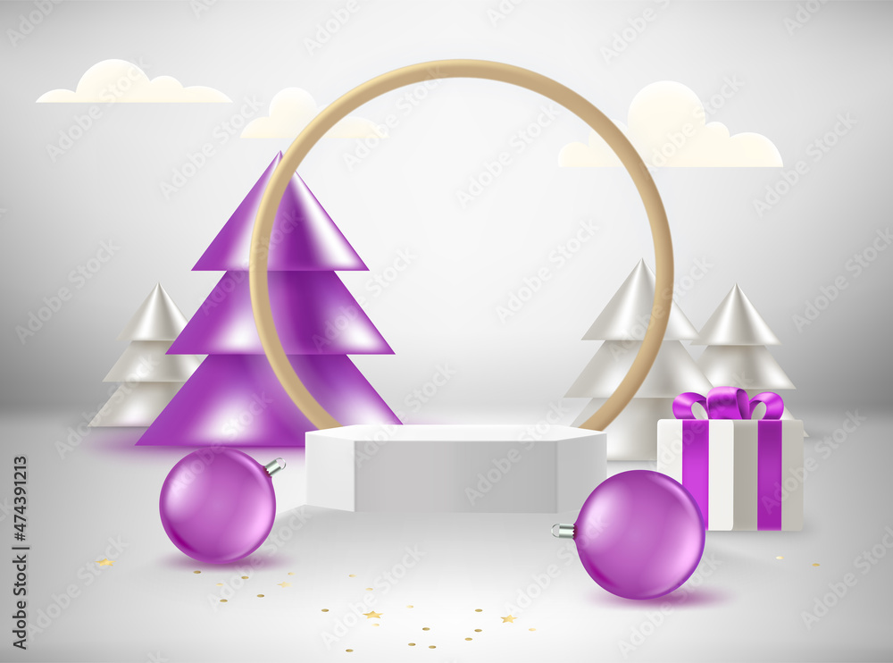 Poster christmas composition with abstract pines, gift box and baubles. 3d vector banner with copy space
