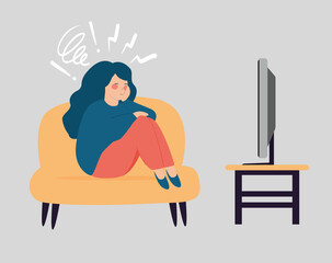 Young woman sitting and looks sad. Depressed girl hugging her knees and and watching tv. Bored female suffers from depression. concept of mental health disorders and boredom. Vector illustration.