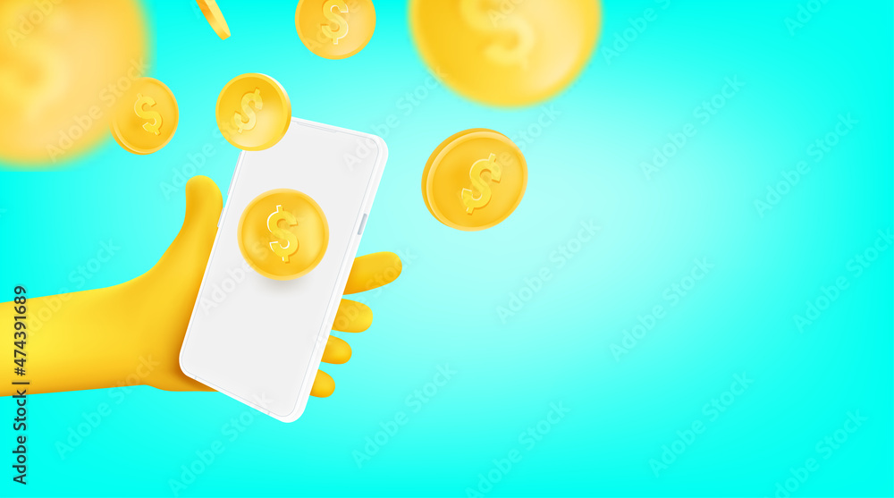 Poster man using mobile phone to receive money. 3d vector banner with copy space