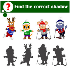 Find the correct shadow. Educational game for children. Cute skate and ski animals tiger, deer, mouse, cat