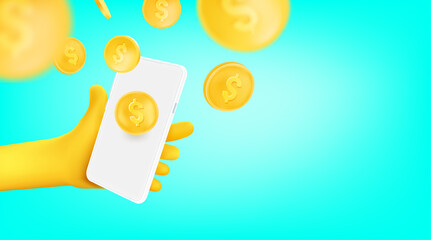 Man using mobile phone to receive money. 3d vector banner with copy space