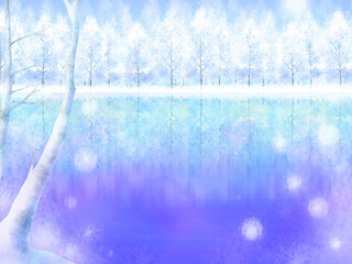 メルヘンな風景ー湖面に映り込む樹氷の林