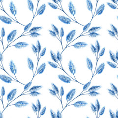 Watercolor seamless pattern with blue fluffy twigs of dried flowers, twigs with buds on a white background. Watercolor illustration for fabrics, postcards, posters, decor.