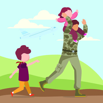 Soldiers running with their two children while playing together after returning home from duty. Vector colorful illustrator. illustration. illustrator. graphic. Playing. Run. Happy.