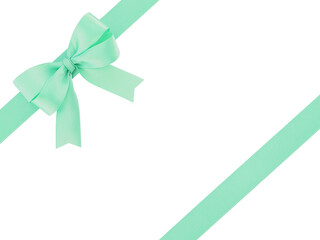 two diagonally teal color ribbon with single bow isolated on white