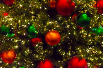 Obraz na płótnie Canvas Christmas Tree with Red Balls and Stars. Winter Holiday Background