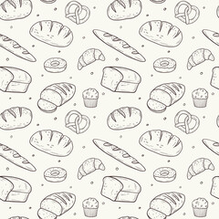 Seamless pattern with pastries, buns, cakes, croissant, bread. Baking doodle background. Hand-drawn in a graphic style.  Vector illustration in sketch style. 