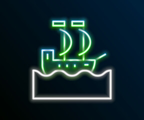 Glowing neon line Sailboat or sailing ship icon isolated on black background. Sail boat marine cruise travel. Colorful outline concept. Vector