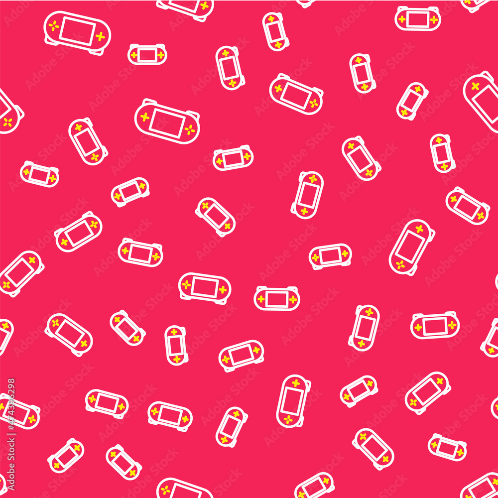 Poster line portable video game console icon isolated seamless pattern on red background. gamepad sign. gam