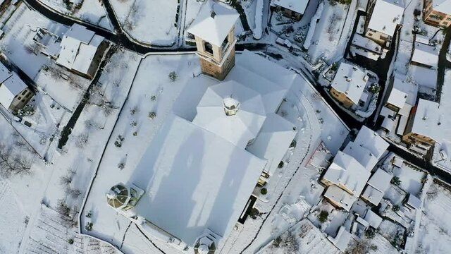 Aerial 4K, the roof of Church of Santa Maria di Loreto, Tresivio in Valtellina, Italy