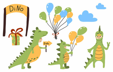 Vector set of children in dinosaur costumes. Dinopark illustrations set.