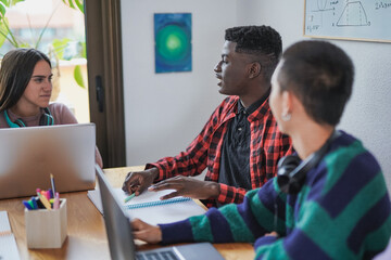 Obraz premium Teenager students learning together inside class room library