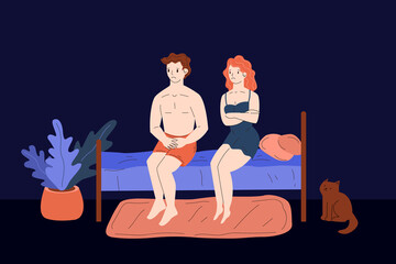 impotence and erectile dysfunction. Impotency. sad woman and man in bed at night after bad sex. prostatitis and prostate cancer. soft flaccid penis is frustrating for the patient. stock vector. - obrazy, fototapety, plakaty
