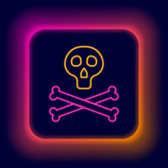 Glowing neon line Bones and skull as a sign of toxicity warning icon isolated on black background. Colorful outline concept. Vector