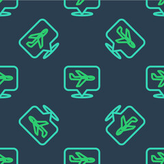 Line Plane icon isolated seamless pattern on blue background. Flying airplane icon. Airliner sign. Vector
