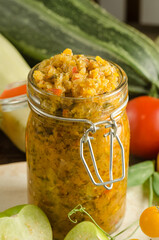 Zucchini caviar in a glass jar, homemade preparations